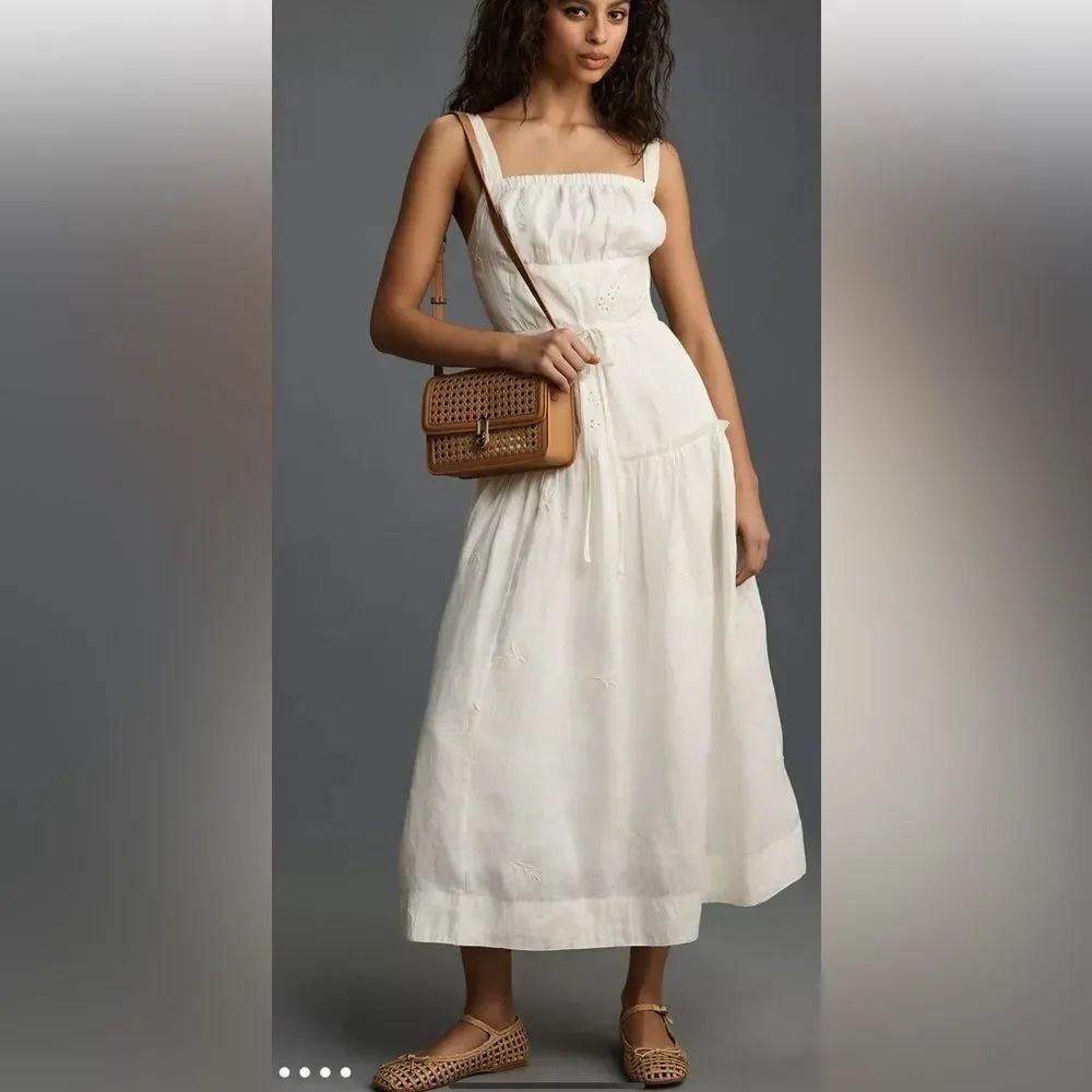 By Anthropologie Linen Square-
Neck Midi Dress
